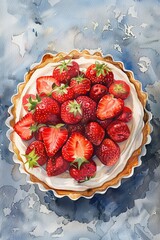 Watercolor painting of a strawberry tart, bright red berries perfectly arranged atop creamy filling, giving a sense of freshness and joy