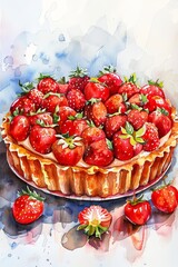 Watercolor painting of a strawberry tart, bright red berries perfectly arranged atop creamy filling, giving a sense of freshness and joy