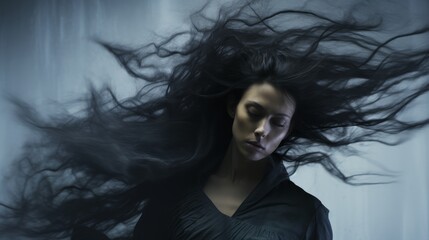 Dramatic portrait of woman with flowing black hair