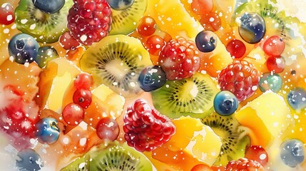 Watercolor illustration of a dragon fruit cut open, its vibrant pink skin and speckled white flesh surrounded by slices of mango and kiwi