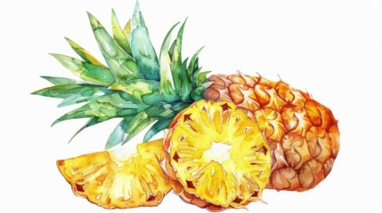 Watercolor illustration of a pineapple sliced open to reveal its golden flesh, bright green leaves crowning the top, emphasizing a cheerful vibe - obrazy, fototapety, plakaty