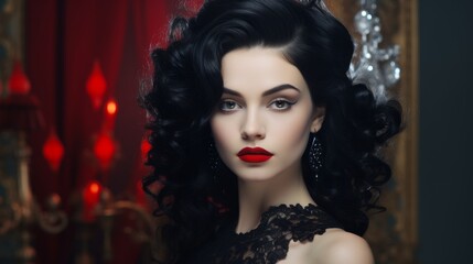 Fototapeta premium Glamorous woman with dark curly hair and red lips