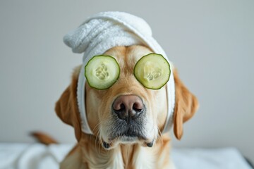 A dog with cucumber slices on its eyes, wearing a white towel around its head and sitting in front of a gray background. Spa for dogs.