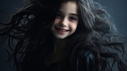 Smiling young girl with flowing dark hair