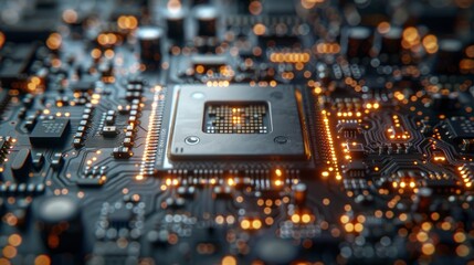 Close-up of a modern microchip on a motherboard, highlighting the complexity and intricacy of technology