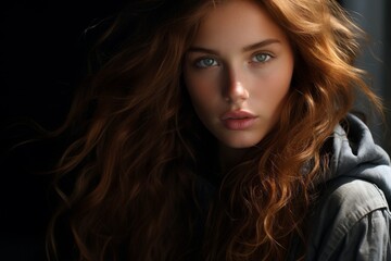 Naklejka premium Captivating portrait of a young woman with striking red hair and piercing blue eyes