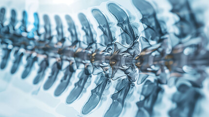  X-ray, soft blue on white background. Full spinal column, hands, chest, knee joint and skull