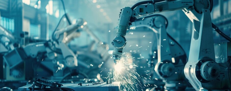 Portrait of a robot arm welding iron in a welding industrial factory