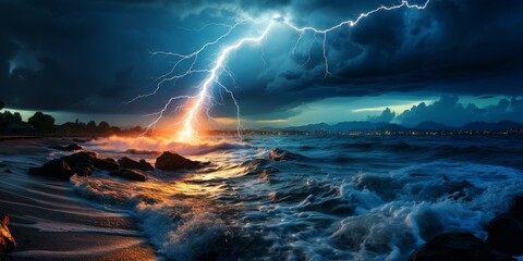 dramatic lightning storm over crashing ocean waves