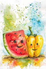 Whimsical watercolor showing a watermelon slice and bell pepper, their vivid colors and cute faces radiating positivity