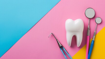 Learn about dentistry. Here's a picture of a tooth and dental tools on a colorful background. You can add your own text to it - Powered by Adobe
