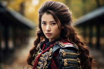 Powerful female warrior in traditional asian outfit