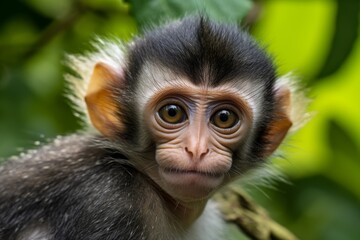 Fototapeta premium Curious baby monkey peering through leaves