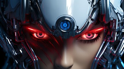 futuristic cyborg with glowing red eyes and advanced technology