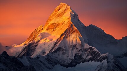Majestic snow-capped mountain peak at sunset