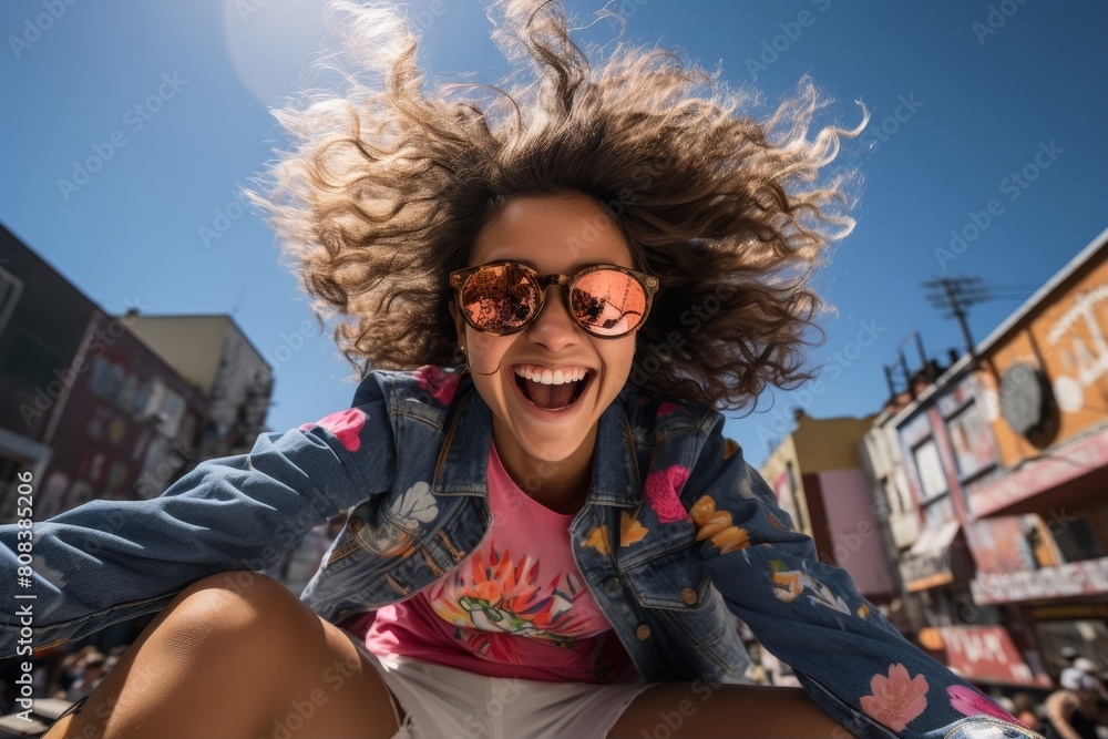 Canvas Prints joyful woman with curly hair and sunglasses