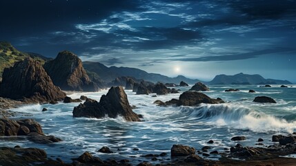 Dramatic rocky coastline at night with crashing waves