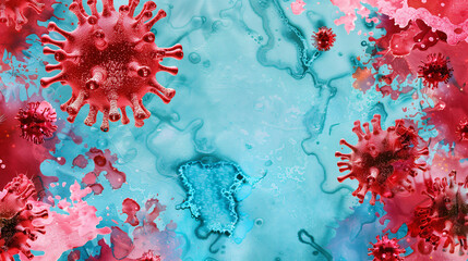 Watercolor background with copy space. Artistic interpretation of virus particles in red and blue, symbolizing the global impact of viral infections on health.

