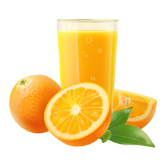 Glass of orange juice and orange on transparent background