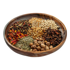 Spices and herbs in plate isolated on transparent background