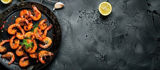 Grilled prawns on a black plate on a concrete table background