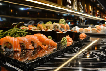  Elegant display of sushi on a black reflective surface, showcasing a variety of fresh rolls in a sophisticated sushi bar.