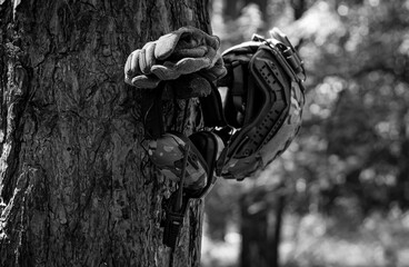 Military equipment on a tree while resting. Walkie-talkie, active tactical headphones, assault...