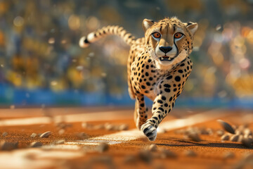 dynamic 3d rendered cheetah in full sprint on a racetrack in the olympic games
