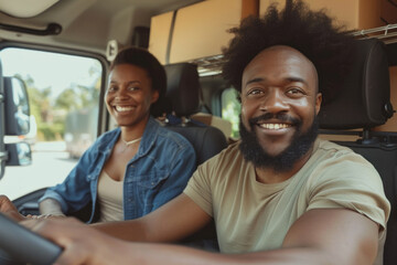 Happy African American couple driving and enjoying a road trip in a modern van, sharing smiles and stories. - Powered by Adobe