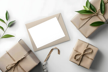 A clean mockup showcasing a blank greeting card and gift box, ideal for presenting stationery designs for gift shops and boutique stores