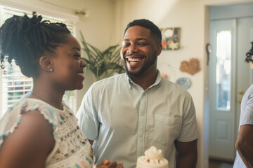 Joyous moment as a young African American couple celebrates with friends, sharing laughter and cake in a cozy home setting. - Powered by Adobe