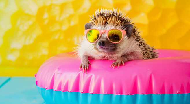 cute hedgehog in sunglasses on a vibrant pink float in a pool setting