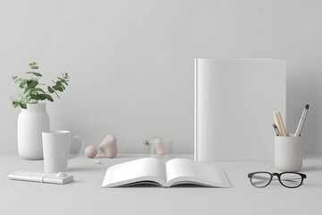 A professional mockup displaying a blank catalog and product samples, ideal for presenting product catalog designs for manufacturing companies and retailers