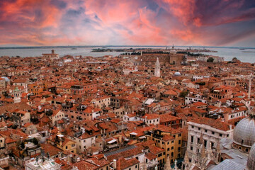 Venice at sunset. Colorful town in Veneto in Italy Europe. Art and culture. Tourists from all over the world for Piazza San Marco to Grand Canal Rialto 