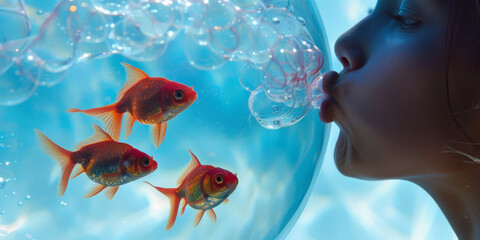 A person is blowing up a large bubble gum balloon, with three goldfish swimming inside the bubble gum balloon. Creating new world.