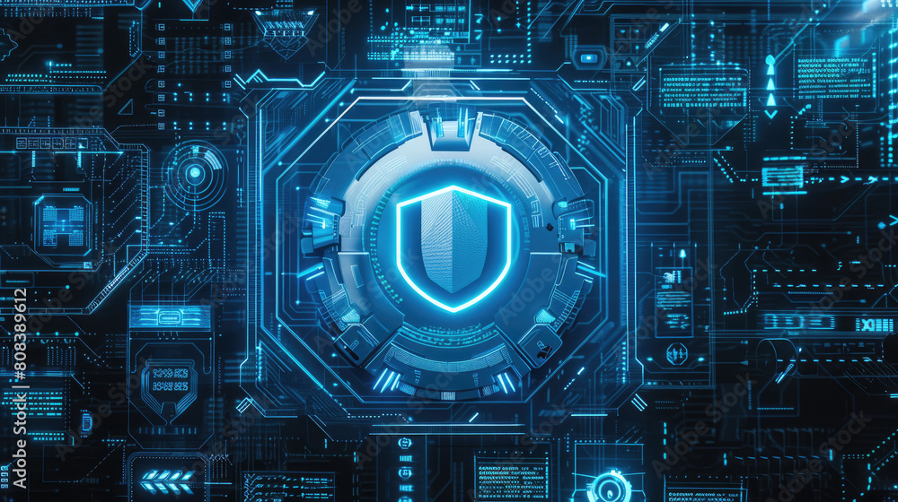 Poster cyber shield in abstract digital screen, dark data background, secure information. theme of lock, pr