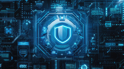 Cyber shield in abstract digital screen, dark data background, secure information. Theme of lock, protection, privacy, technology, network