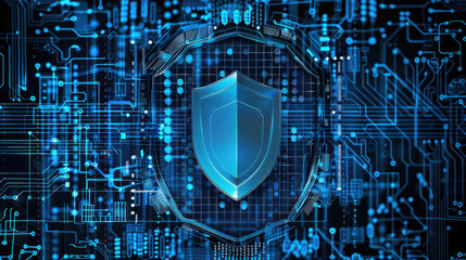 Cyber shield in abstract blue digital space, dark data background, secure information. Theme of lock, protection, privacy, technology, security, network
