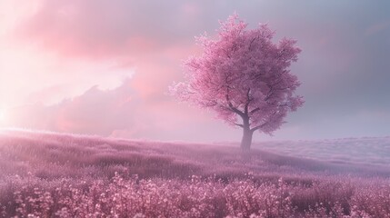 Fototapeta na wymiar Surreal landscape with pink hues and majestic tree