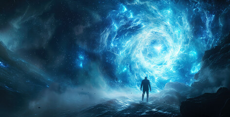Man walks to futuristic space-time portal in dark, person standing against whirlpool of blue energy like in sci-fi movie. Concept of travel, people, light, future, fantasy