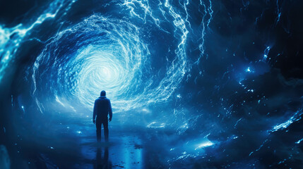 Man walks to futuristic space-time portal in dark, person standing against whirlpool of blue energy like in sci-fi movie. Concept of travel, people, light, science, future