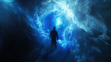 Person walks to futuristic space-time portal, lonely man in tunnel of whirlpool of blue light like in sci-fi movie. Concept of travel, people, science, future,
