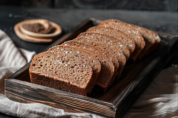 fresh sliced rye bread lies on a wooden board, on dark background
