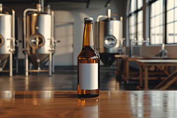 A sleek mockup showcasing a blank beer bottle and brewery equipment, suitable for presenting packaging designs for craft beer brands and breweries