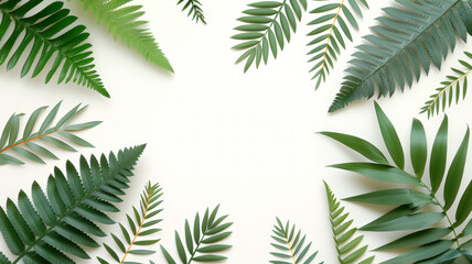 A white background with a green leafy border