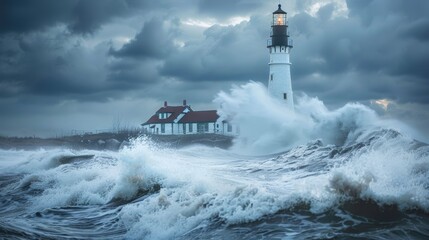 Storm waves over the Lighthouse in a cloudy day