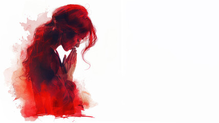 Fototapeta premium Red watercolor paint of A girl bowing her head in prayer to God