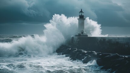 Storm waves over the Lighthouse in a cloudy day