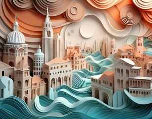 3D papercut view of the Venice skyline at sunset	
