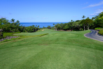 View of the pacific ocean and putting green from the tee box on a tropical golf course, vacation recreation
